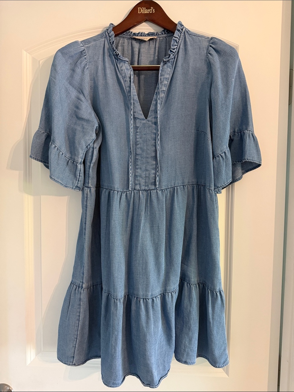 LOFT Chambray Tiered Ruffle Dress - Blue